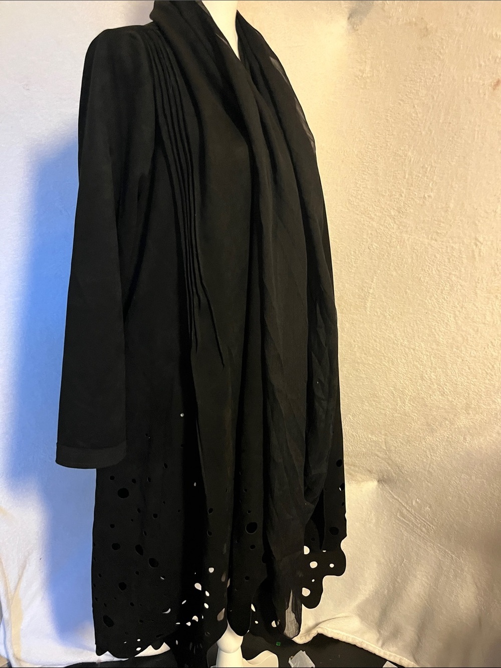 Adore Black Open-Front Trench Coat with Scalloped Laser-Cut Hem vegan leather